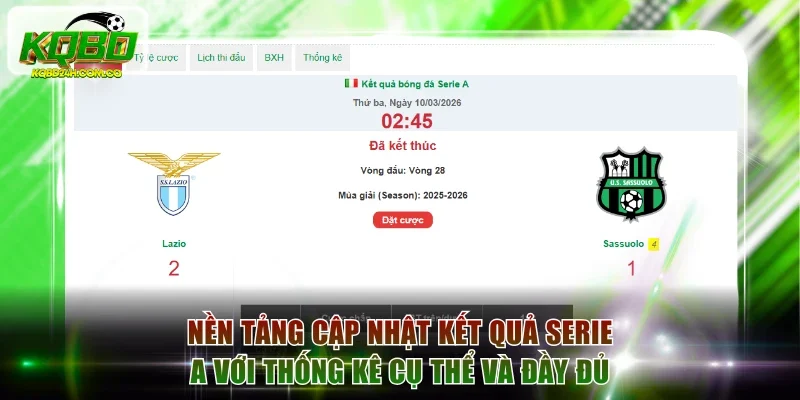 Nền tảng cập nhật kết quả Serie A với thống kê cụ thể và đầy đủ